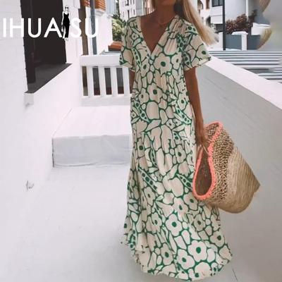 Kleid Sommer Damen Print Kurzarm V-Ausschnitt Kleid