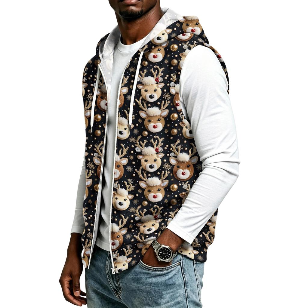 Gilet da uomo casual con cappuccio, senza maniche, con zip e stampa natalizia per feste di festa