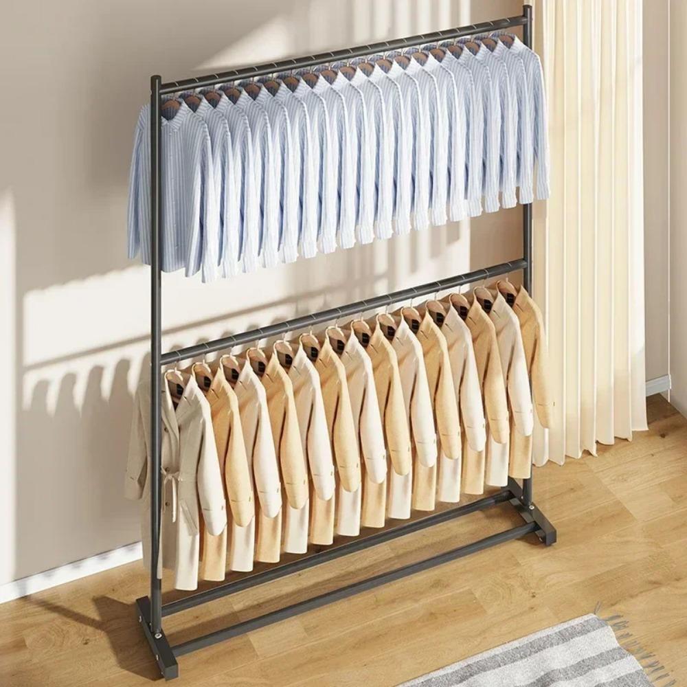 Movable Clothes Drying Rack Floor Stand Balcony Cloth Hanging Shelves With Wheels Metal No Slip Simple Living Room Coat Hanger