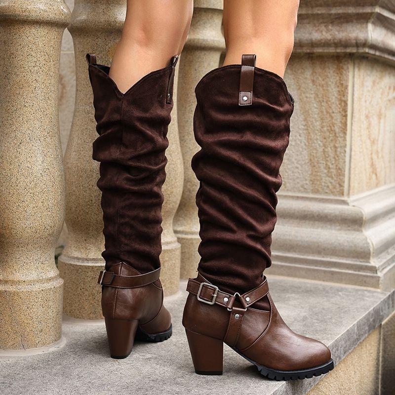2025 Shiny Female Knee High Boots Round Toe Block Heels 6.5cm Slip On Flock Suede 45 46 47 48 Fashion Riding Booties