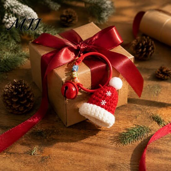 Mini Sock Ornament Yarn Crochet Christmas Keychain with Bell, Handmade Tree Hat Glove Wreath Winter Season Gift Key Ring Pendant, Holiday Bag