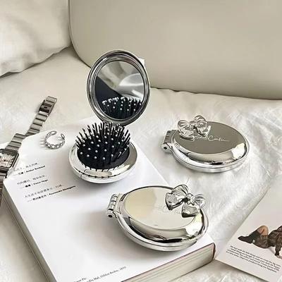 Mini Silver Folding Comb with Makeup Mirror Women Girl Portable Round Small Travel Massage Hair Brush Hair Styling Accessories