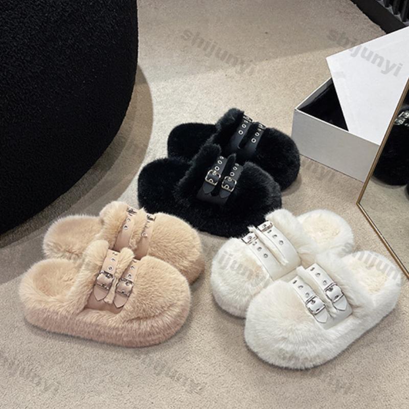 Fashion Women Furry Belt Buckle Slippers Winter Fashion Thick Sole Flats Ladies Casual Slip on Bedroom Slides Soft Outdoor Half Slippers