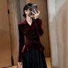 Burgundy Silk Velvet Pleated Waist Shirt for Women - Autumn/Winter French Sophisticated Style