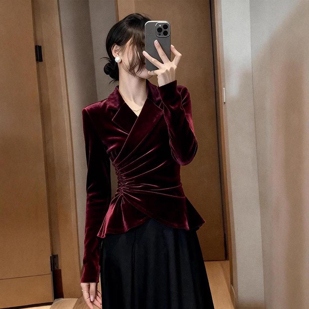 Burgundy Silk Velvet Pleated Waist Shirt for Women - Autumn/Winter French Sophisticated Style