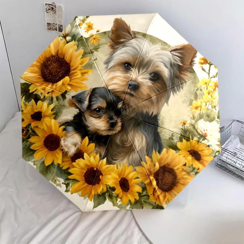 Sunflower Dog Pattern, Automatic Folding Umbrella, Portable and Foldable Design, 8 Ribs, a Christmas or Birthday Gift.