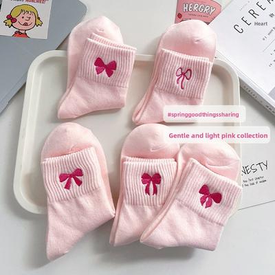 Socks, Pink Socks, Summer and Spring Mid-length Cotton Socks with Sweet Bows and Embroidery for Moisture Absorption and Odor Prevention.