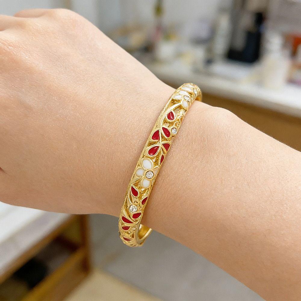 New Colorful Enamel Floral Bangle Chinese Style Handmade Open Cuff Bracelet Gold Plated Elegant Diamond Bangle Women
