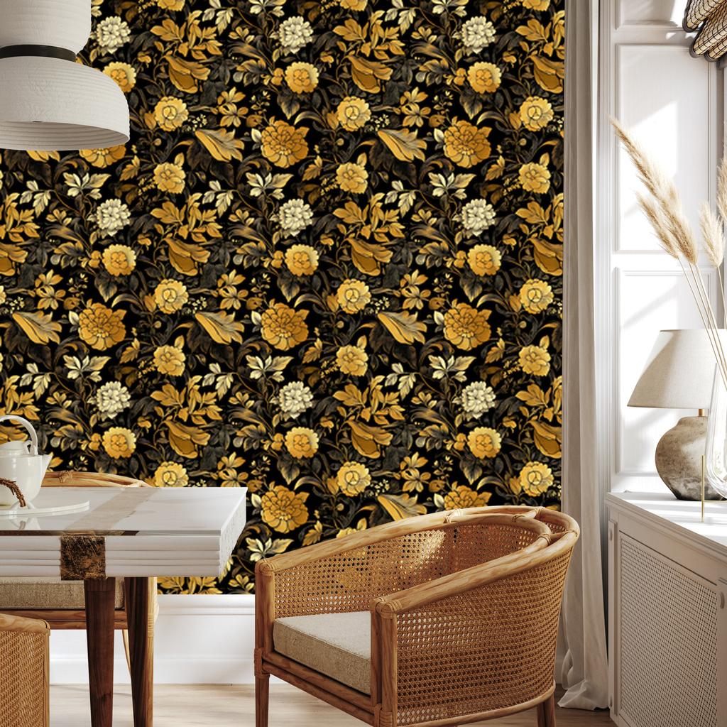 Golden Hibiscus Wallpaper Ochre, Gold, Black and Yellow 50x1000