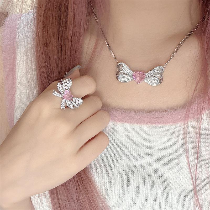 Cherry Blossom Pink Love Heart Necklace & Ring Set for Women - Trendy & Elegant