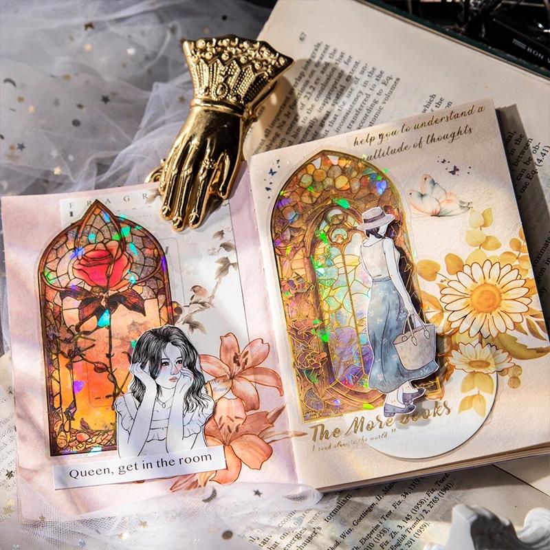 10pcs Large size Flowers Window Stickers Gold Foil Decor Junk Journal DIY Srapbooking Collage Stationery PET Twinkle Stickers
