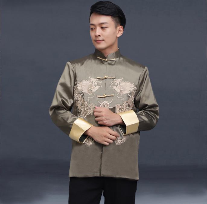 Men's Bright Red Embroidered Dragon Tang Suit Jacket - Long Sleeve, Stand Collar, Double Layer, Open Front Retro Design for New Year Performance.