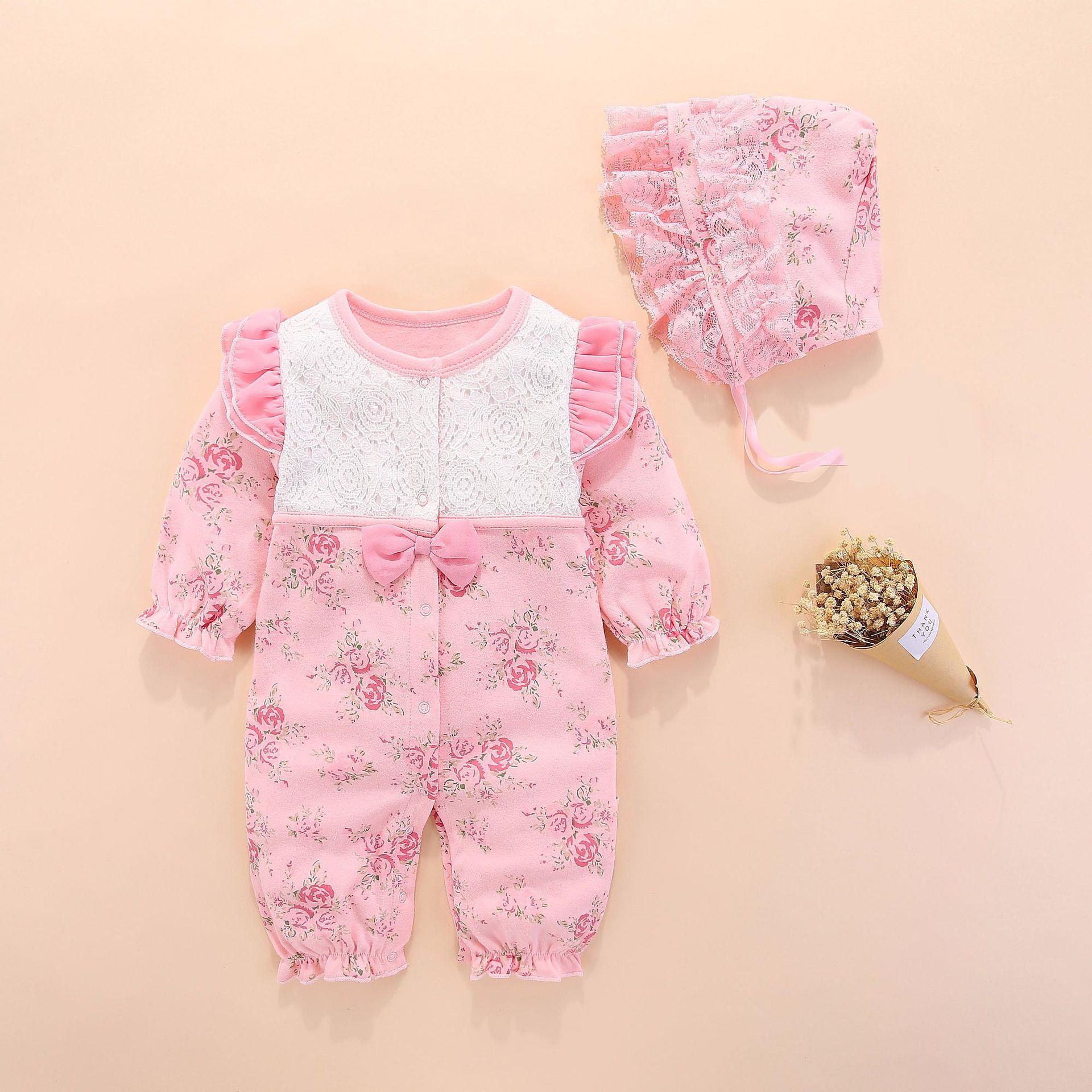 

Spring and Autumn New Baby Clothes Baby Jumpsuit Korean Style Cotton Small Floral Hooded Two-Piece Set 80cm рожевий
