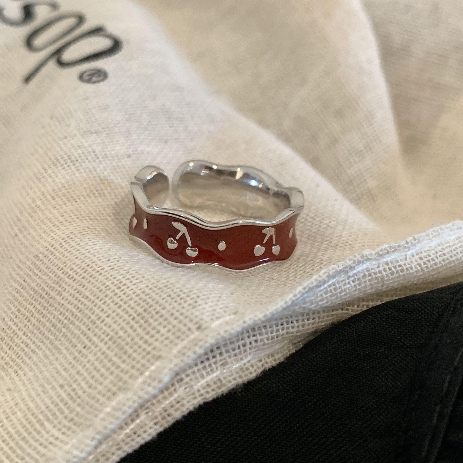 

Red Resin Cherry Metal Ring Zircon Rhinestone Star Wave Ring Set For Women Charms Finger Jewelry