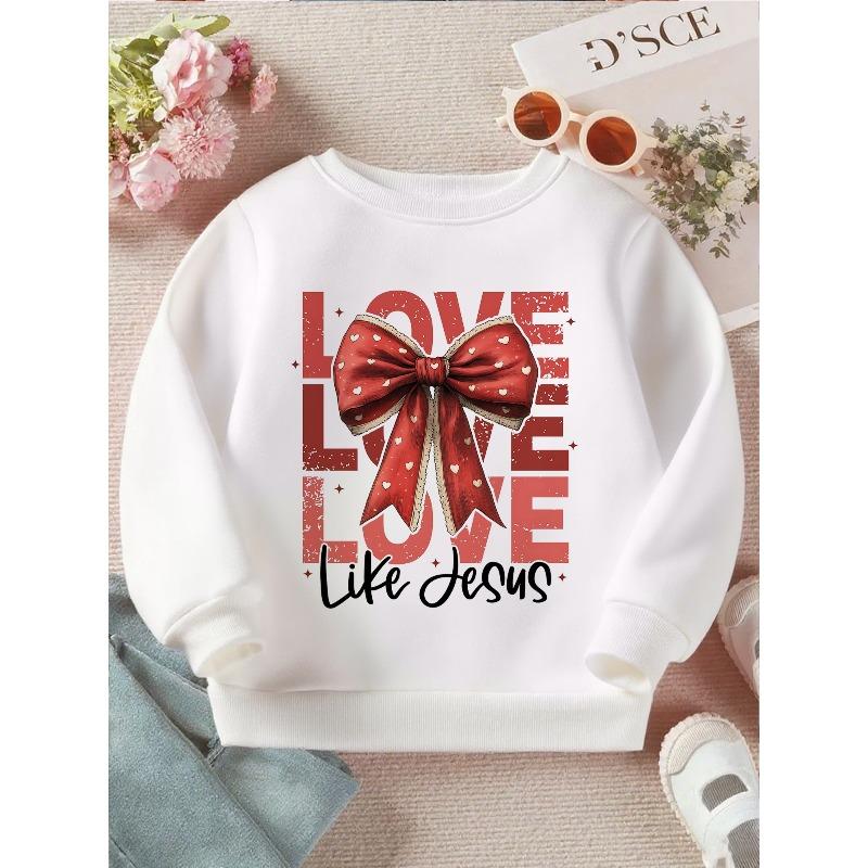 Kids Crewneck Sweatshirt, Sweet Bow Love Like Graphic Print, Soft Casual Long Sleeve Pullover 110 белый