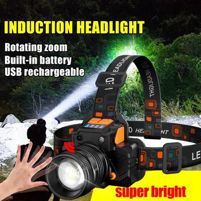 6000lm Super Bright T6 LED Sensor Headlamp Built-in Battery USB Rechargeable Rotary Zoom Head Flashlight For Outdoor Camping Fishing