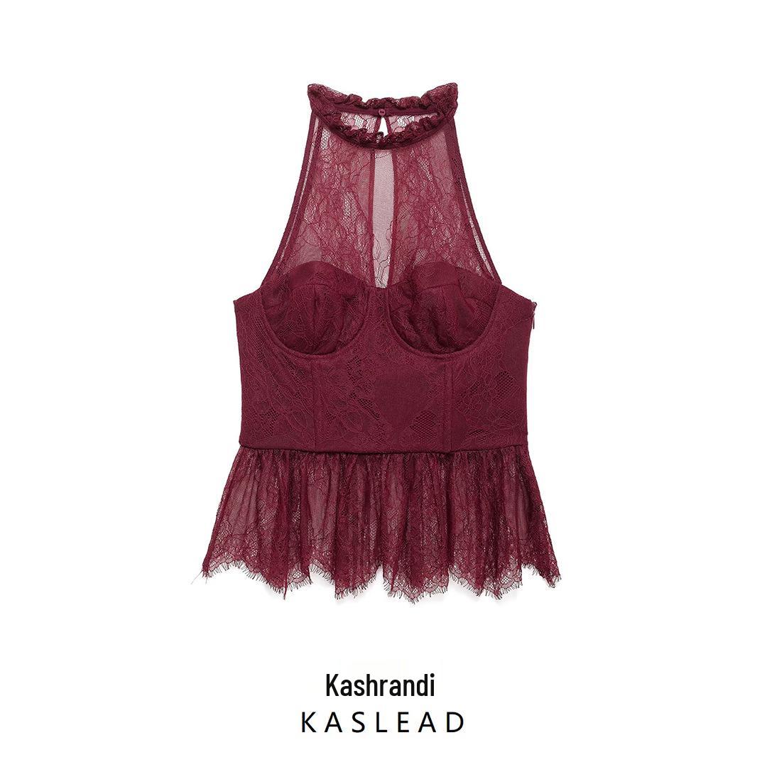 

2025 Spring Women s European & American Style Lace Halter Neck Top Small