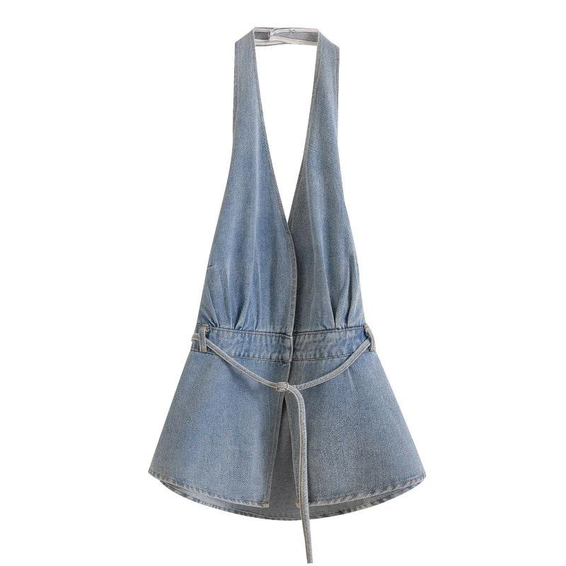 European & American Y2K Halter Denim Top – Washed, Backless, Sexy Spring/Summer Fashion Medium