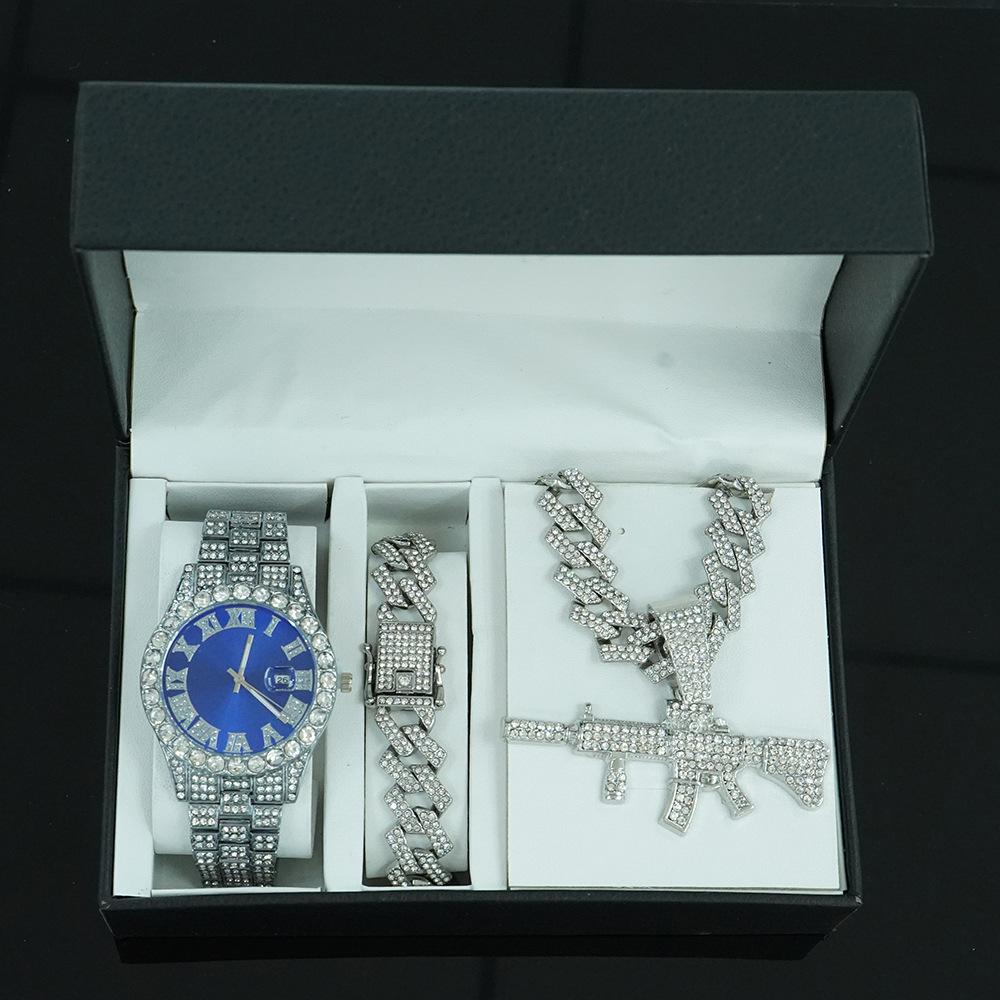 Hip Hop Persönlichkeit Pistolenanhänger Kubanische Kette Halskette Armband Uhr Set Modisches und Vielseitiges Herrenschmuck Geschenkbox Set