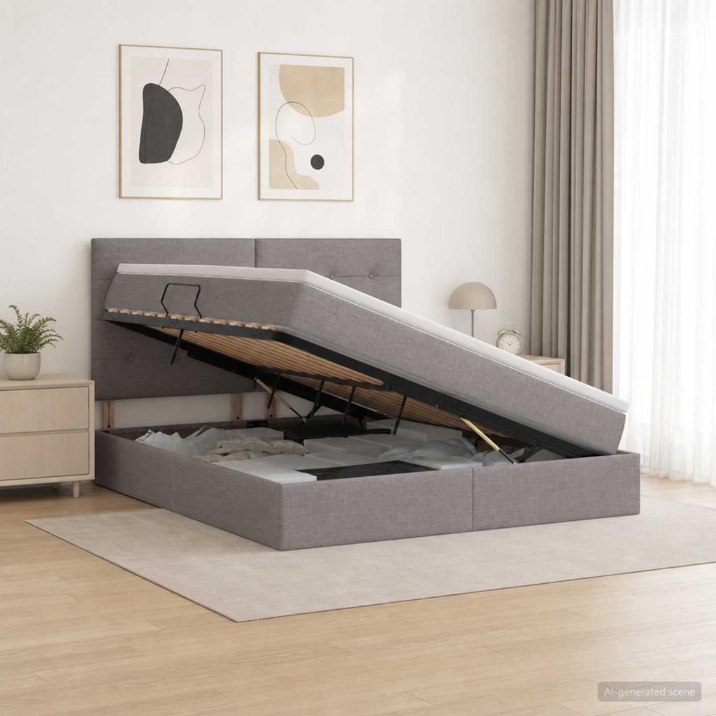 LED Storage Bed with Mattress Taupe 160 x 200 cm Fabric