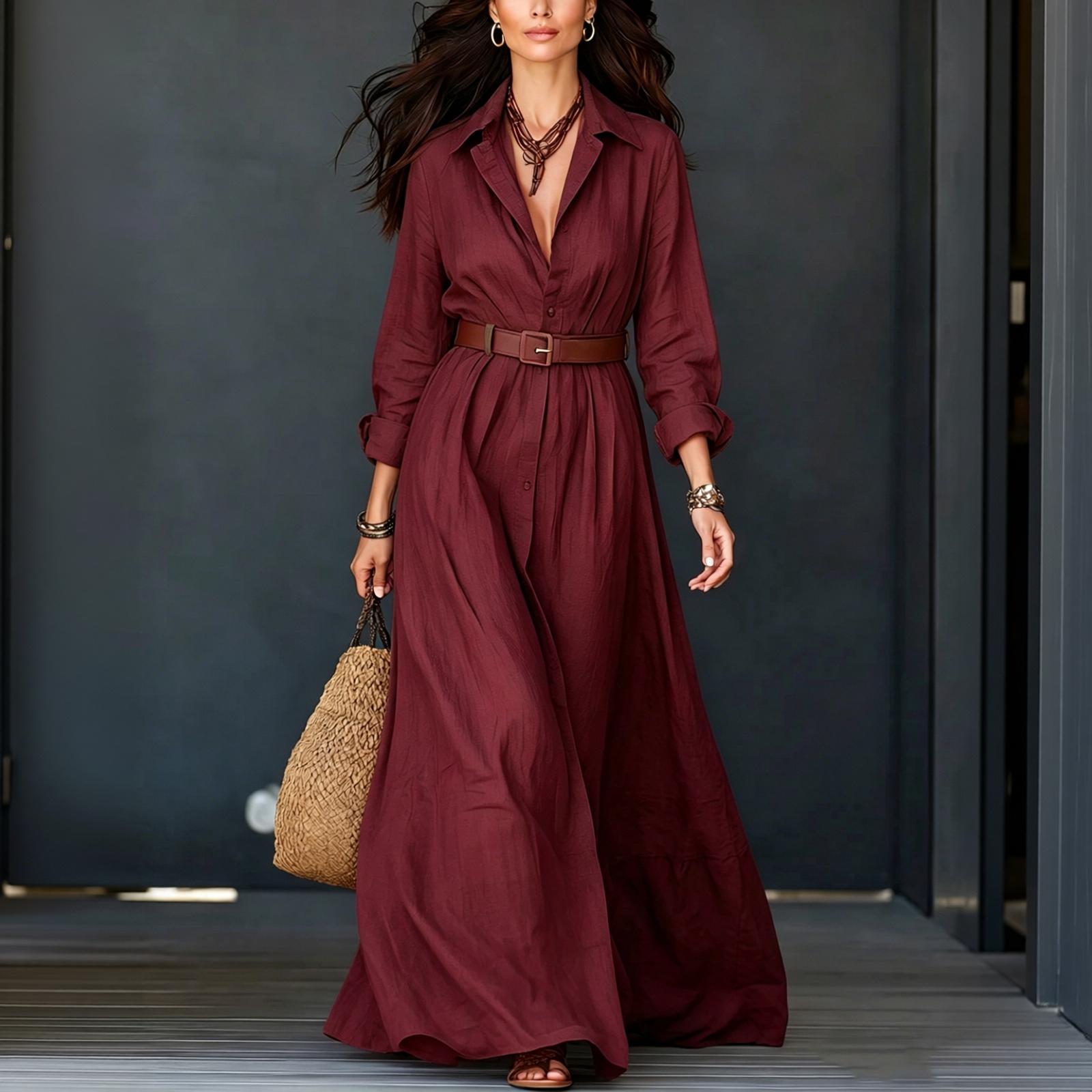 Damen Langarm Maxikleid mit Kragen Taillenbindegürtel Urlaubs bodenlanges Kleid Lässiges lockeres Hemdkleid XL weinrot