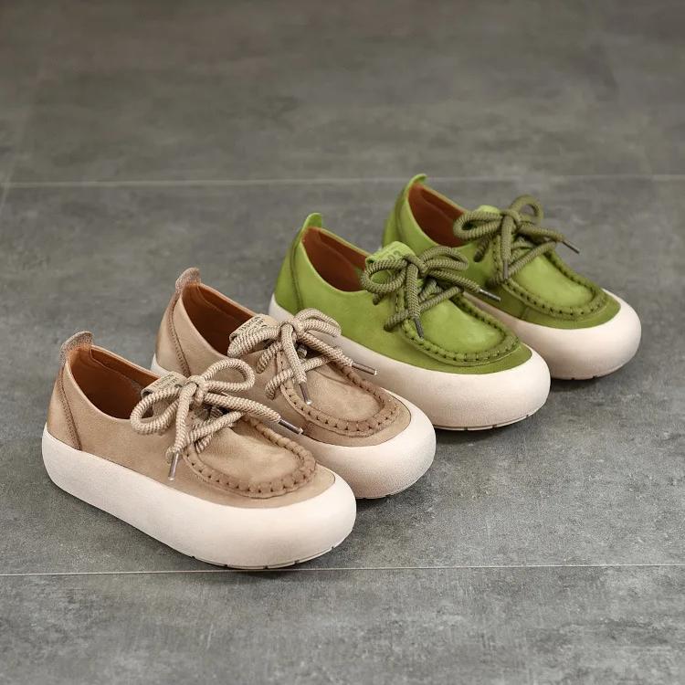 Johnature Genuine Leather Thick Soled Women's Shoes Casual Versatile Solid Color Flat Platform Shoes