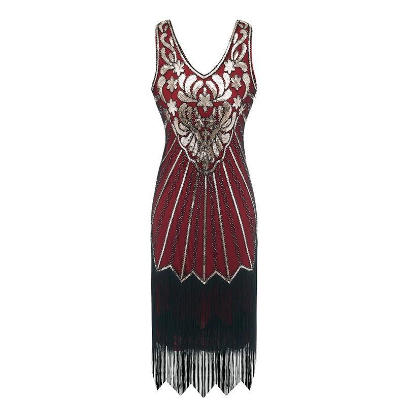 Vintage V-neck sequined fringed dress, evening dress, Gatsby dinner dress, stage performance dress.