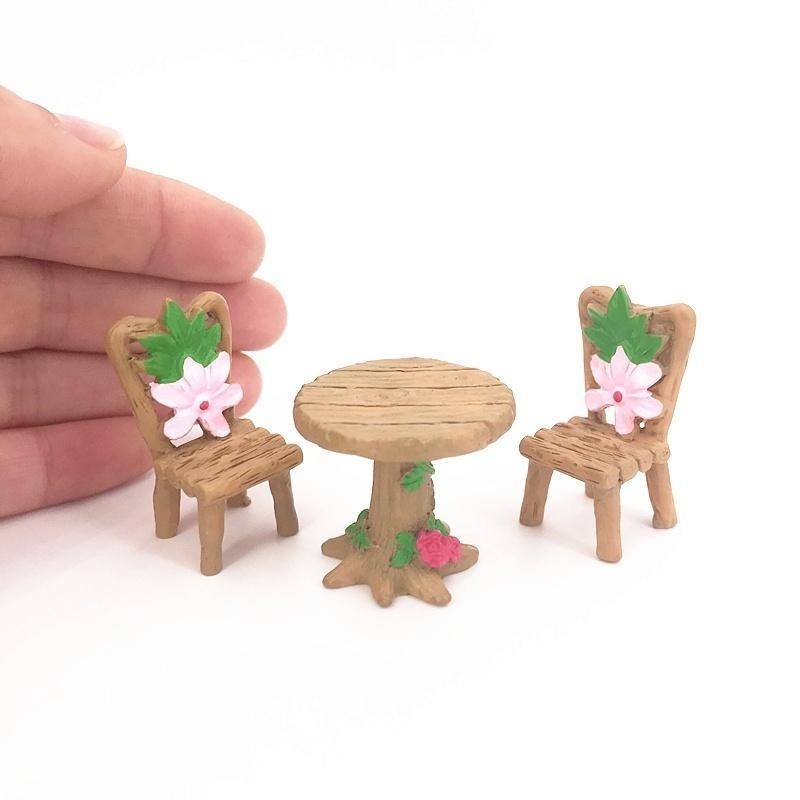 Fairy Garden Decorations Dollhouse Accessories 3Pcs/Set Floral Wooden Table Chairs Miniature Landscape Ornaments