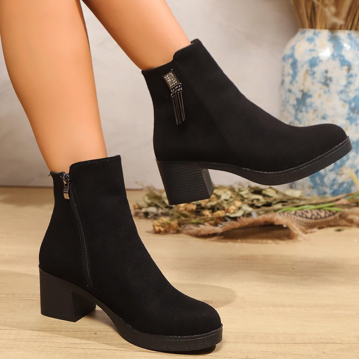 

Модные женские ботинки Модные ботильоны на толстом каблуке, стройнящие лодыжку, Классический стиль Осень Зима Ботинки с круглым носком Женская уличная роскошная обувь 36