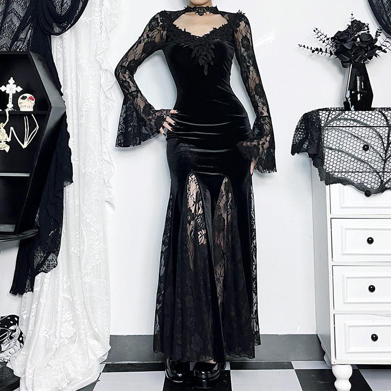 Women's Gothic Lace Long-Sleeve Halloween Mermaid Dress