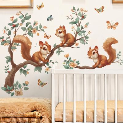 Cartoon Eichhörnchen Klettern Baum Schmetterling Kinderzimmer Kindergarten Hintergrund Layout Wand Aufkleber