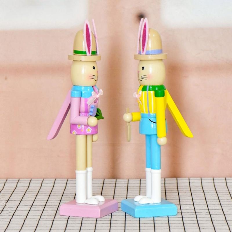 Wooden Rabbit Nutcrackers With Safe Paint 25cm High Decorative Toy for Easter Celebration & Kids Room Mood Gift
