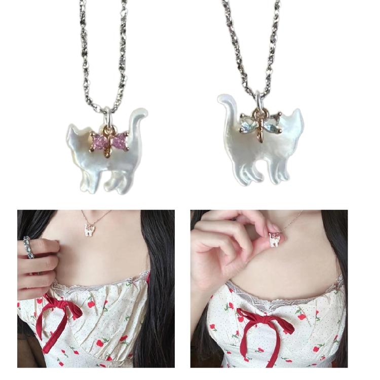 Alloy Necklace with Bow Cat Pendant Graceful Clavicle Chain Choker for Women