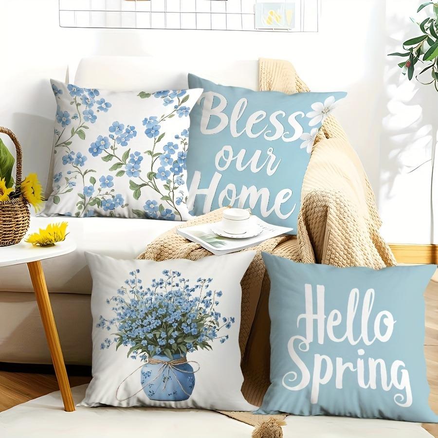 Light Blue Spring Blessing Pillowcasebedroom Living Room Sofa Home Decor Polyester Cushion Cover With Zipper
