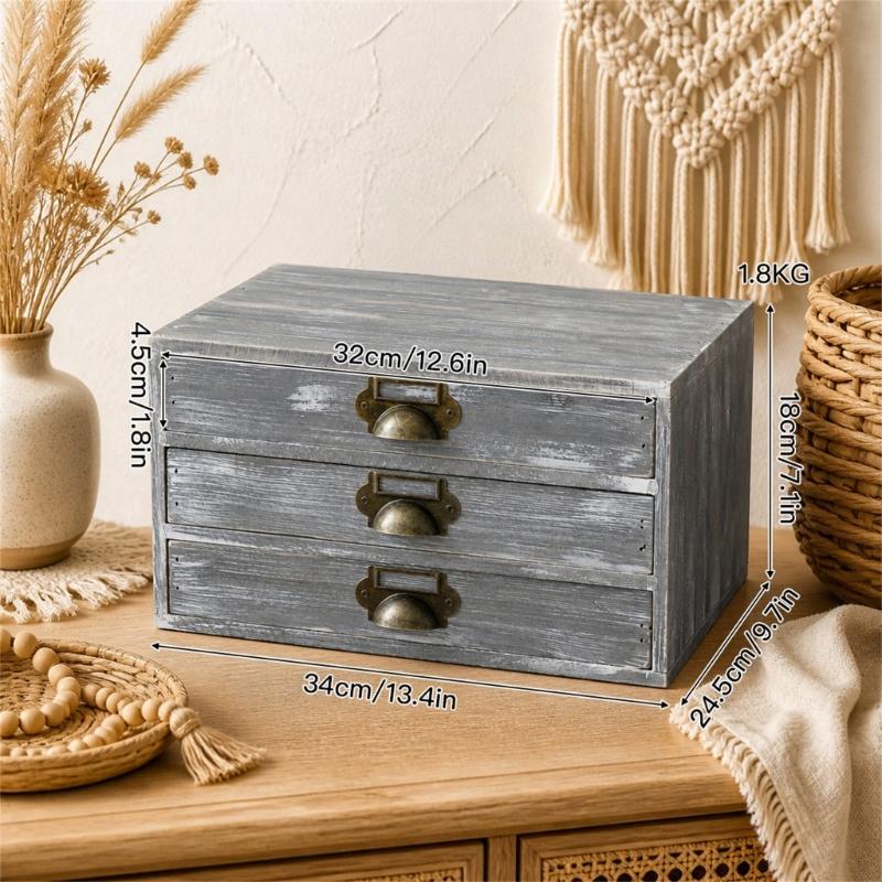 Three Compartment Wooden Desk Storage Cabinet, Tabletop Box with Metal Pulls for Mail, Jewelry, Office and Dresser Area