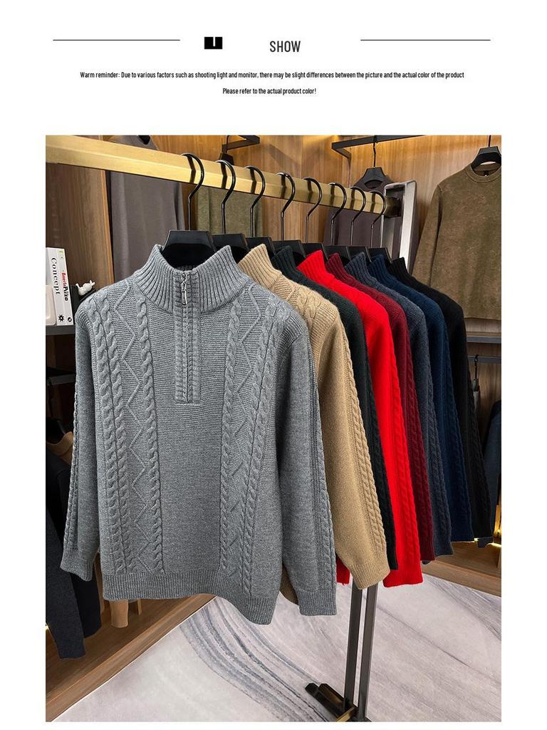 Herren Winter dicker Strick Pullover mit halbem Reißverschluss und Stehkragen