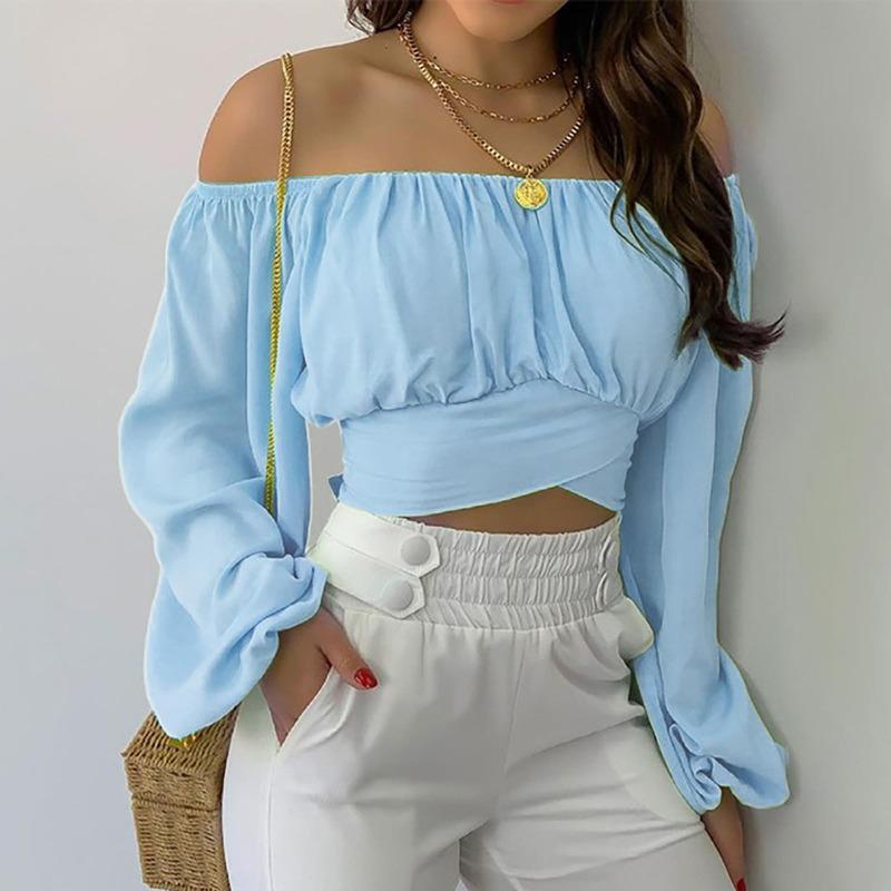 Elegante Damen Schulterfrei Kreuzgurt Bluse Langarm Sexy Crop Top Damen Slim Fit Einfarbig Mode Frühling Sommer Basic Süßes Hemd