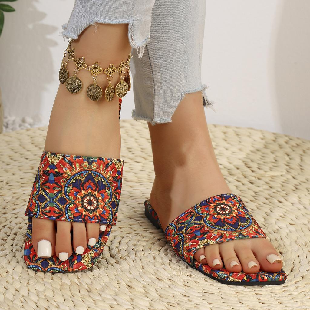 Large Size Flat Sandals for Women, Ethnic Style Summer Breathable Printed Open-toe Slippers, Roman Style Flip-flops