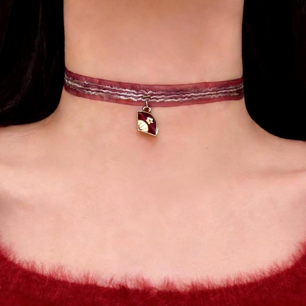 Wine Red Velvet Choker with Heart and Cross Pendant Necklace for Women