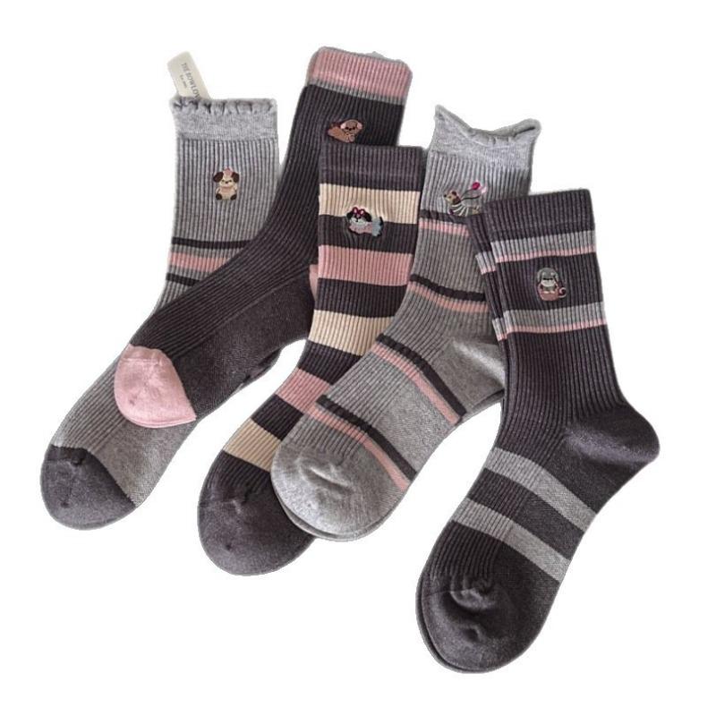 2 Pairs of Mid-calf Socks - Women's Fall/winter Imitation Cashmere Socks - Women's Striped Fashionable Embroidered Sausage Dog Pile Socks - Long Socks
