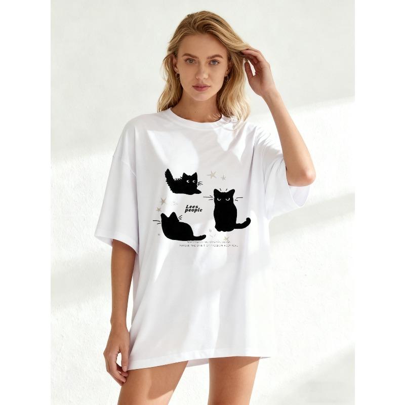 Oversized T Shirt Black Cat Print With Stars And Text For Casual Wear