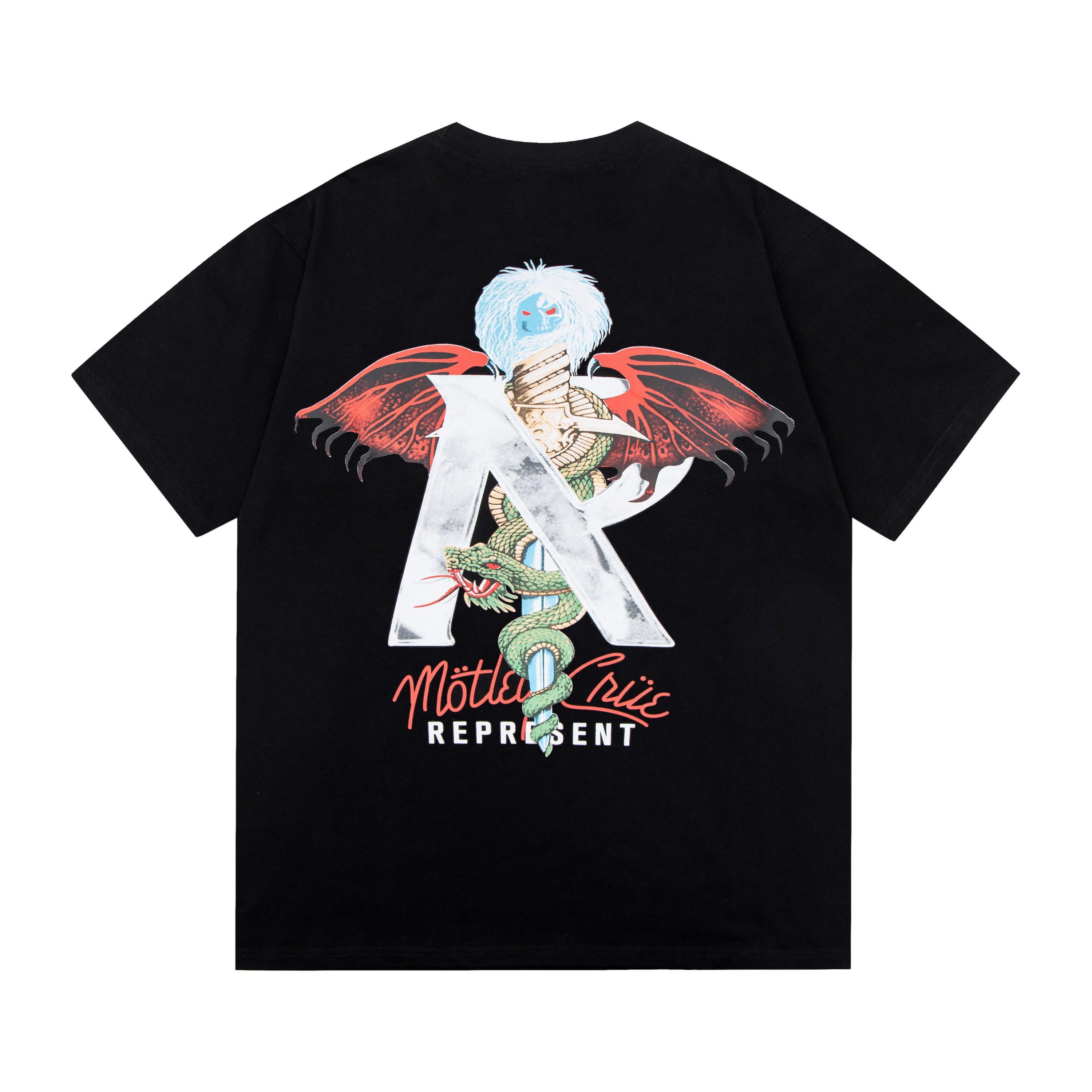 Summer Men s and Women s Oversized Black T-Shirt with Represent X Motley Crue Double-Sided Print S