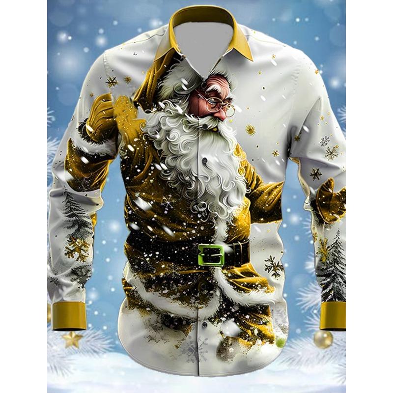 Christmas Theme Fashion Men's Casual Long Sleeve Shirt Breathable Tops Santa Claus Themed Stylish Pattern Full Sleeve Shirts