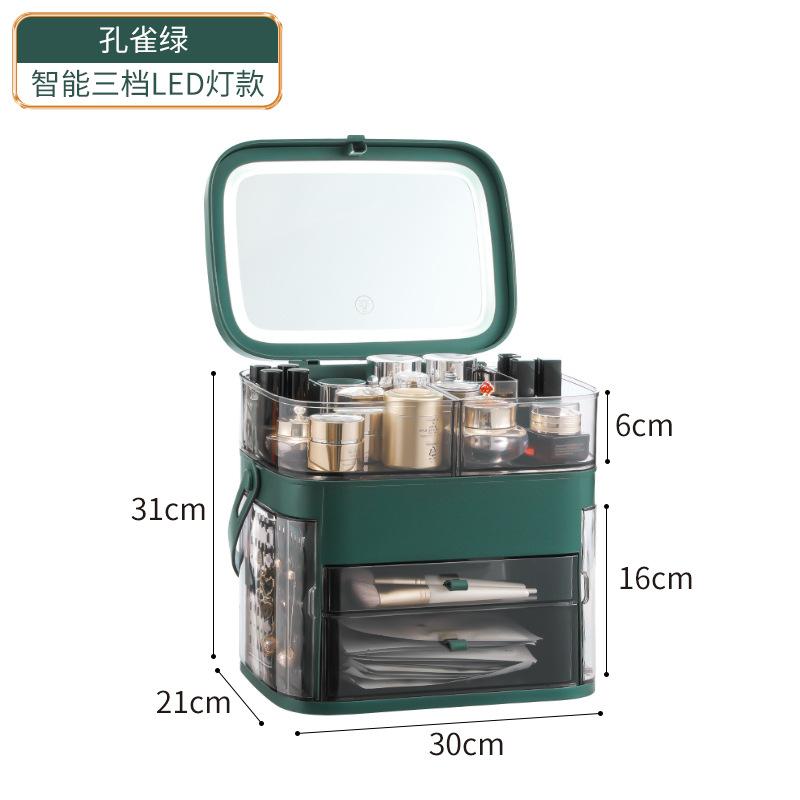 Large Capacity Dustproof Cosmetic Organizer with LED Mirror Jewelry Storage All-in-One Desktop Vanity Rack for Skincare