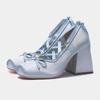Seiden Quadratische Zehenspitze Damen Hoher Absatz Ballerinas Schnürung Mode Damen Pumps Klobige Absätze Lolita Schuhe Damen Mary Janes Schuhe