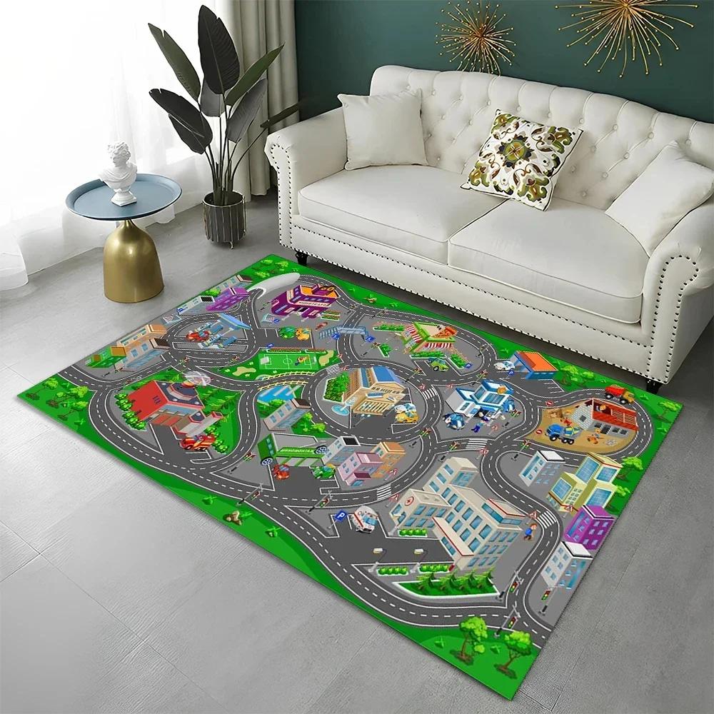 Highway City Kinderspielmatte Verkehr Spielzimmer Teppich Teppich für Zuhause Wohnzimmer Schlafzimmer Fußmatte Dekor, Bereichsteppiche Rutschfeste Bodenmatte