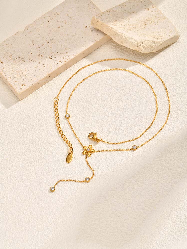 Long Y Shape Zirconia Chain Flower Necklaces for Women, Dainty Lariat Chain Drop Pendant Waterproof Jewelry Tarnish Free