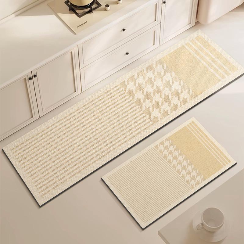 Kitchen Floor Mat Anti-slip Oil-proof Erasable Carpet Leather PVC Waterproof Rug Beige Line Texture Home Decoration Mats 