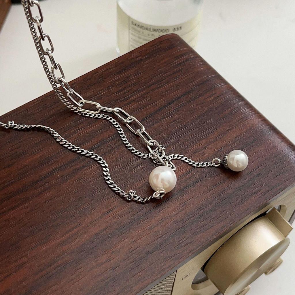 Yinruitai S925 Sterling Silver Pearl Double Layer Necklace for Women - Light Luxury Clavicle Chain, Trendy Niche Design.