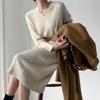 Korean Women's Winter Clothes Beige Knit Knitwear To Knee Long Dress Office Lady Pullovers Sweater Dresses For Women